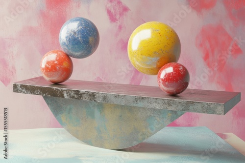 artistic interpretation of balance with colorful spheres teetering on metallic seesaw