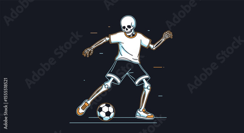 Pixelated Skeleton Athlete Demonstrating Football Skills on a Dark Background with Vibrant Orange Accents