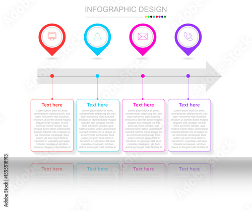 Sustainability infographic outline style with 4 point template with arrow edge and header badge on top for slide presentation.