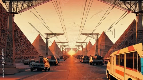 Futuristic cityscape with surreal architecture and flying structures at sunset