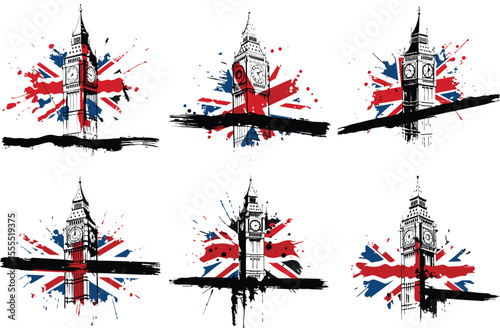 Iconic big ben clock tower with union jack flag splatter art