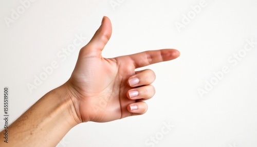 a single hand making a “call me” gesture (thumb and pinky extended), minimalist composition on white backdrop, front facing hand