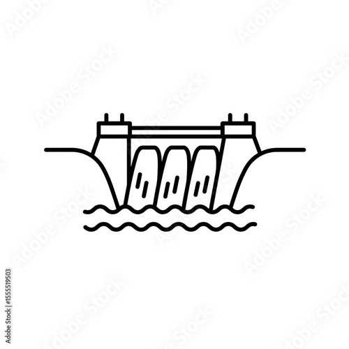 Simple line drawing of a dam with flowing water and waves  
