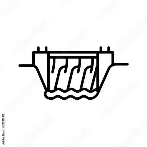 Line drawing of a dam with flowing water illustrating buildings and structures  