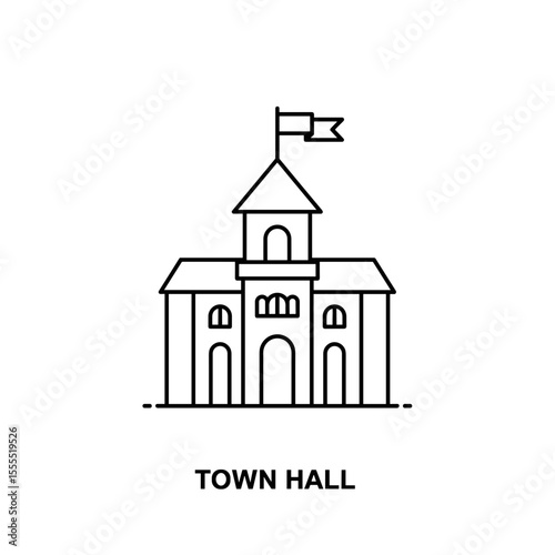 Town hall building with flag in line art style  