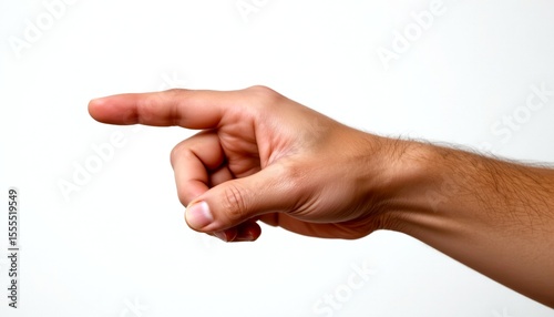 a pointing hand with index finger extended to the left, other fingers curled in, side angle view, isolated on white background, front lit