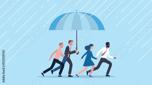 Diverse group of business people running together under a large umbrella during a rainstorm