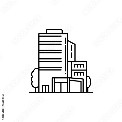 Modern office building with trees and entrance in urban setting  
