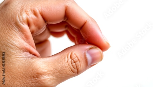 a realistic adult hand pinching with thumb and index finger, micro holding gesture, on white background, suitable for scale/conceptual design