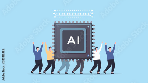 Team of people carrying a large ai computer chip symbolizing technological advancement