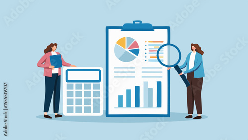 Two women analyze financial charts and data using a calculator and magnifying glass