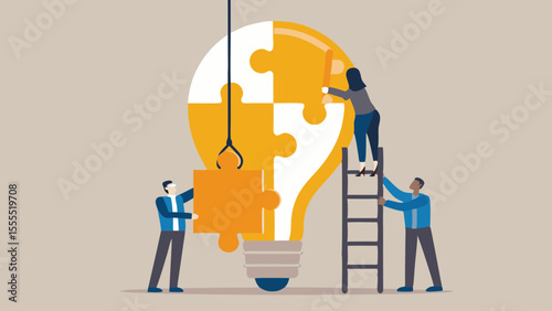 Teamwork and collaboration building a bright idea lightbulb with puzzle pieces