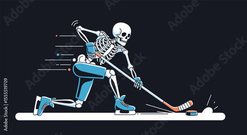 A Skeleton Player Engaged in an Energetic Ice Hockey Game on a Dark Rink