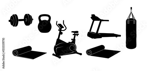 Assortment of fitness equipment including weights treadmill and exercise bike in a clean presentation