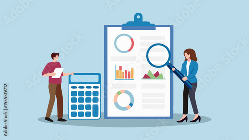 Business professionals analyzing financial reports and charts with calculator and magnifying glass