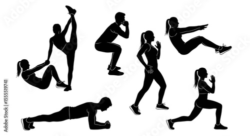 Silhouettes of people doing various exercises including stretching and strength training routines shown