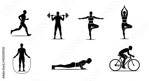 Collection of fitness activities showing running weightlifting yoga jump rope pushups and cycling poses