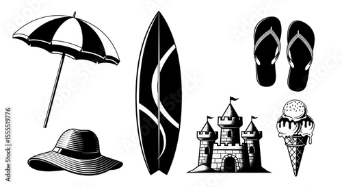 Assorted summer beach vacation items including umbrella surfboard footwear castle and ice cream cone drawing