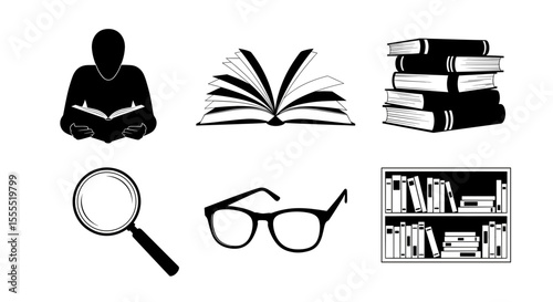 Silhouette of person reading, open book, stack of books, magnifying glass, glasses, and bookshelf image