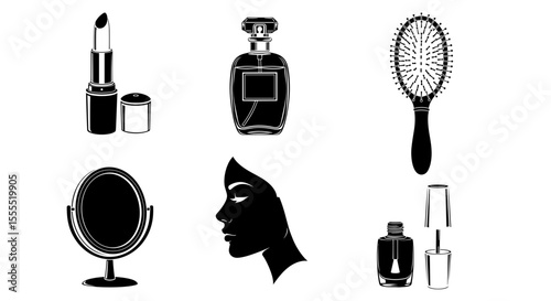 Assortment of beauty products including perfume, lipstick, mirror and brush in a graphic style