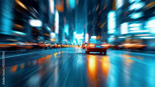 Cyberpunk neon city street with glowing lights and fast moving cars