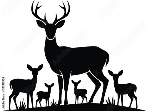 Deer Family Silhouette: Stag, Doe, and Fawns in Black and White