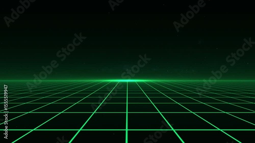 Infinite digital glowing grid mesh display technology (Green grid) with Universe space landscape background  (Retro style) Cyborg, cyberpunk, disco, matrix style