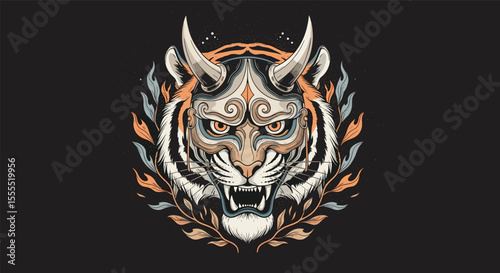 Fierce Tiger Demon Spirit with Warped Horns and Fiery Eyes Surrounded by Ornate Laurel Wreath