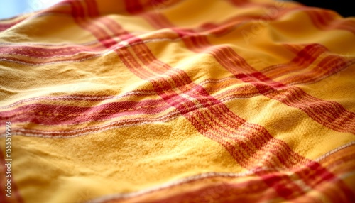 a close up photograph of folded thai pha khao ma fabric with yellow and red plaid, natural sunlight and soft shadows, traditional thai lifestyle vibe