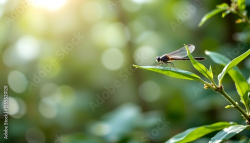 a damselfly perched gently on a bamboo leaf, placed far right with soft flowing mist and light beams in left side of image, atmospheric nature composition, 16:9 format