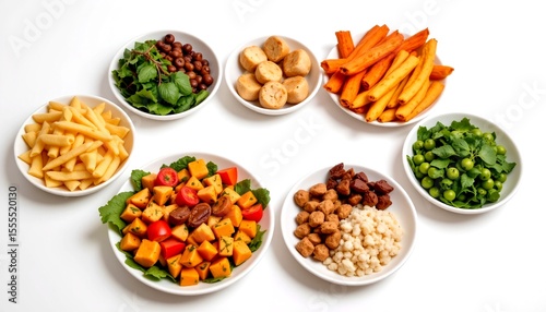 angled side view of a colorful layout of five food groups on white ceramic plates arranged in a semi circle, isolated on white background with drop shadow and text space in the center