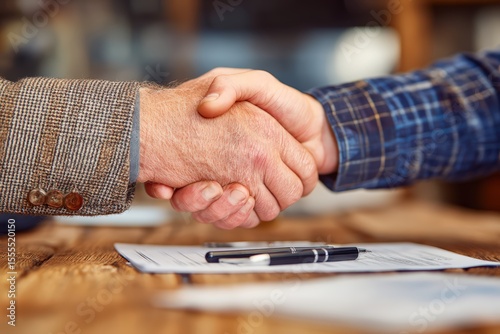 Professional Handshake Between Business Partners Finalizing a Successful Agreement or Contract in a Rustic Office Setting