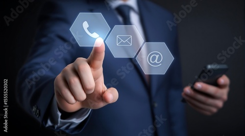 Contact us options businessman touching virtual icons for phone email and online support services
