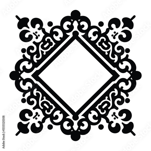 Square eastern-style ornament frame in flat black vector design. Simple minimalist pattern with transparent background, perfect for invitations, logos, and cultural designs. Clean geometric border.
