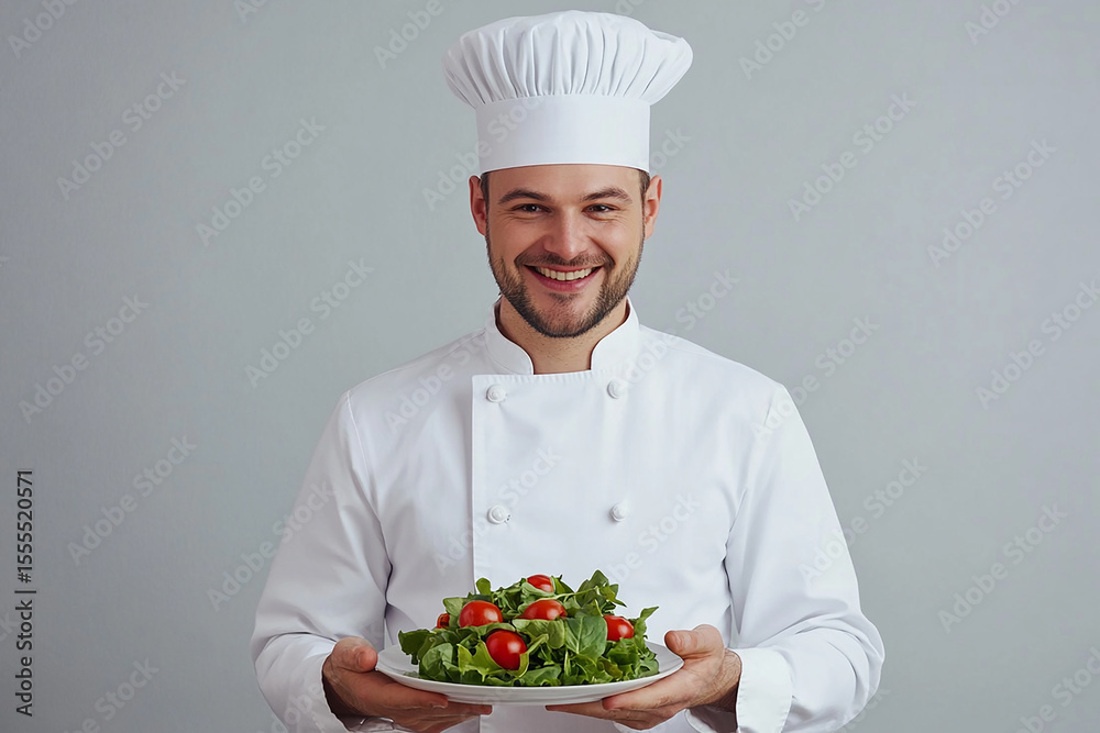 Smiling chef in white uniform holding a plate of salad with tomatoes and greens Smiling chef in white uniform holding a plate of salad with tomatoes and greens