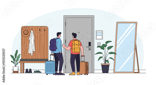 Two friends with backpacks and suitcases arriving at a new apartment door ready for a fresh start and new adventures together