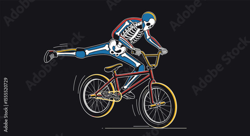 Skeleton Rider Performing an Extreme BMX Bicycle Trick with a Dark Background and Detailed Anatomical Design