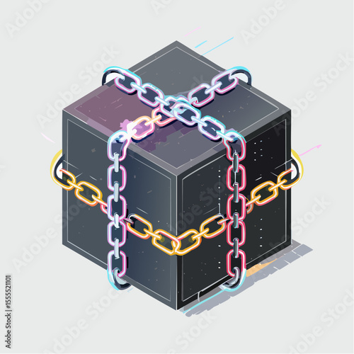isometric charcoal cube with interlocked neon lime chains wrapping its faces in secure blockchain style