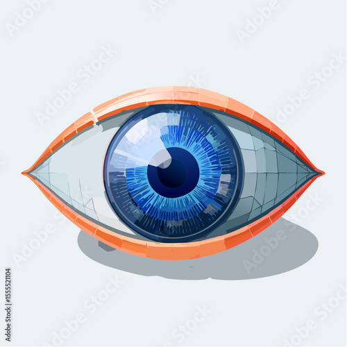 iris-shaped deep blue glass icon overlaid with neon orange augmented reality interface details