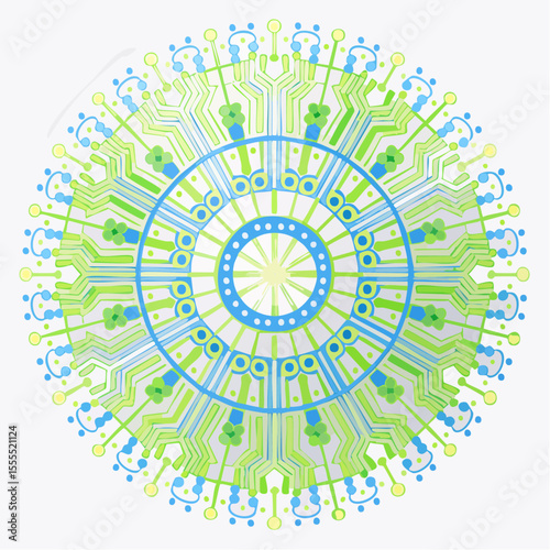 radial spokes of pcb traces in steel blue and brass interwoven with neon lime and copper accents