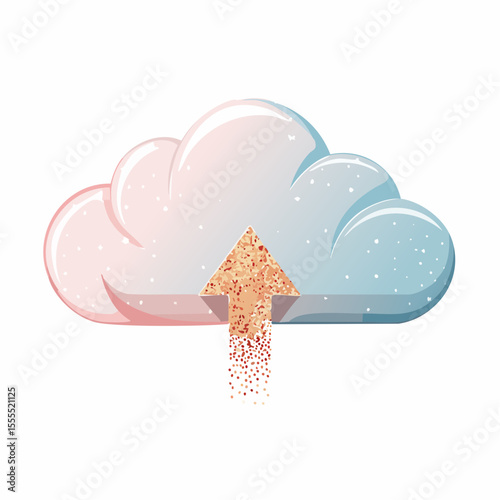 puffy pastel ivory cloud base with molten gold foil upward arrow symbolizing cloud upload