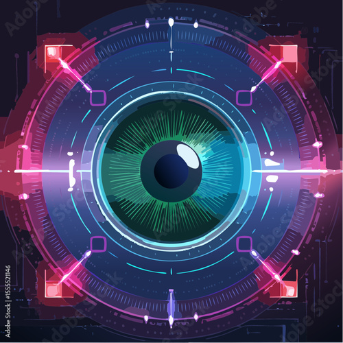 circular neon cyan iris ring with glossy black pupil and four scanning indicator beams