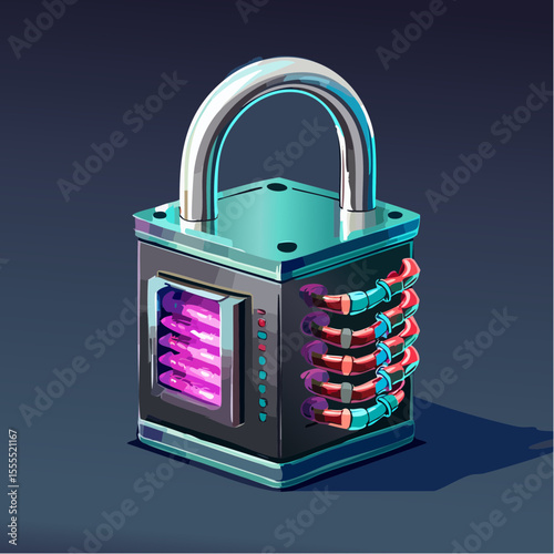 anodized gunmetal padlock body with neon pink keyhole and shackle formed from circuit traces