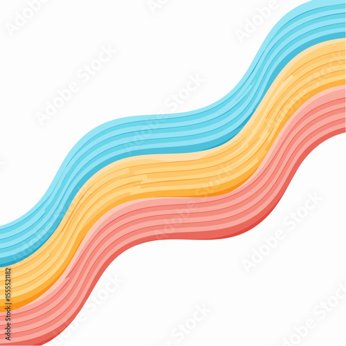 four parallel curving stripes in neon aqua, coral, mustard, and graphite forming data stream wave