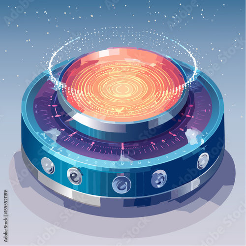 round neon peach beacon rimmed with gunmetal circuit-trace filigree emitting a digital signal