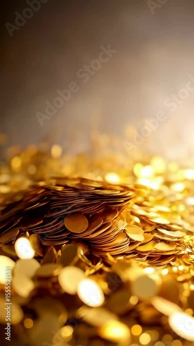 Pile of golden coins and glittering confetti falling down in a sparkling light effect and glamorous backdrop.
