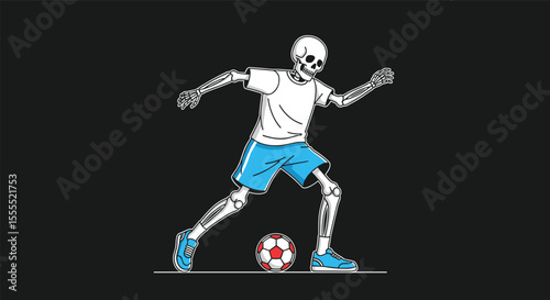 A unique skeleton player skillfully dribbles a soccer ball on a dark background wearing a t-shirt and shorts