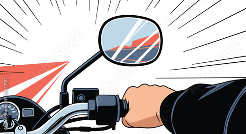 Riding a Motorcycle on a Sunny Day Watching the Beautiful Scenery in the Rearview Mirror