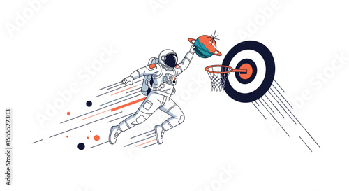 Astronaut making a slam dunk on a basketball hoop with a target in outer space conceptual art