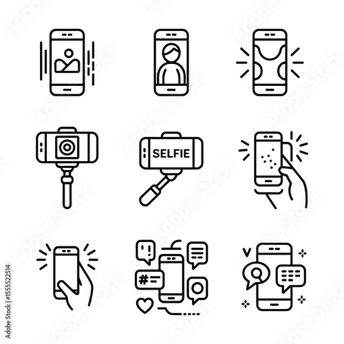 Mobile Phone Icon Set: A collection of nine sleek, minimalist line icons depicting various aspects of smartphone usage, from taking selfies to using social media.